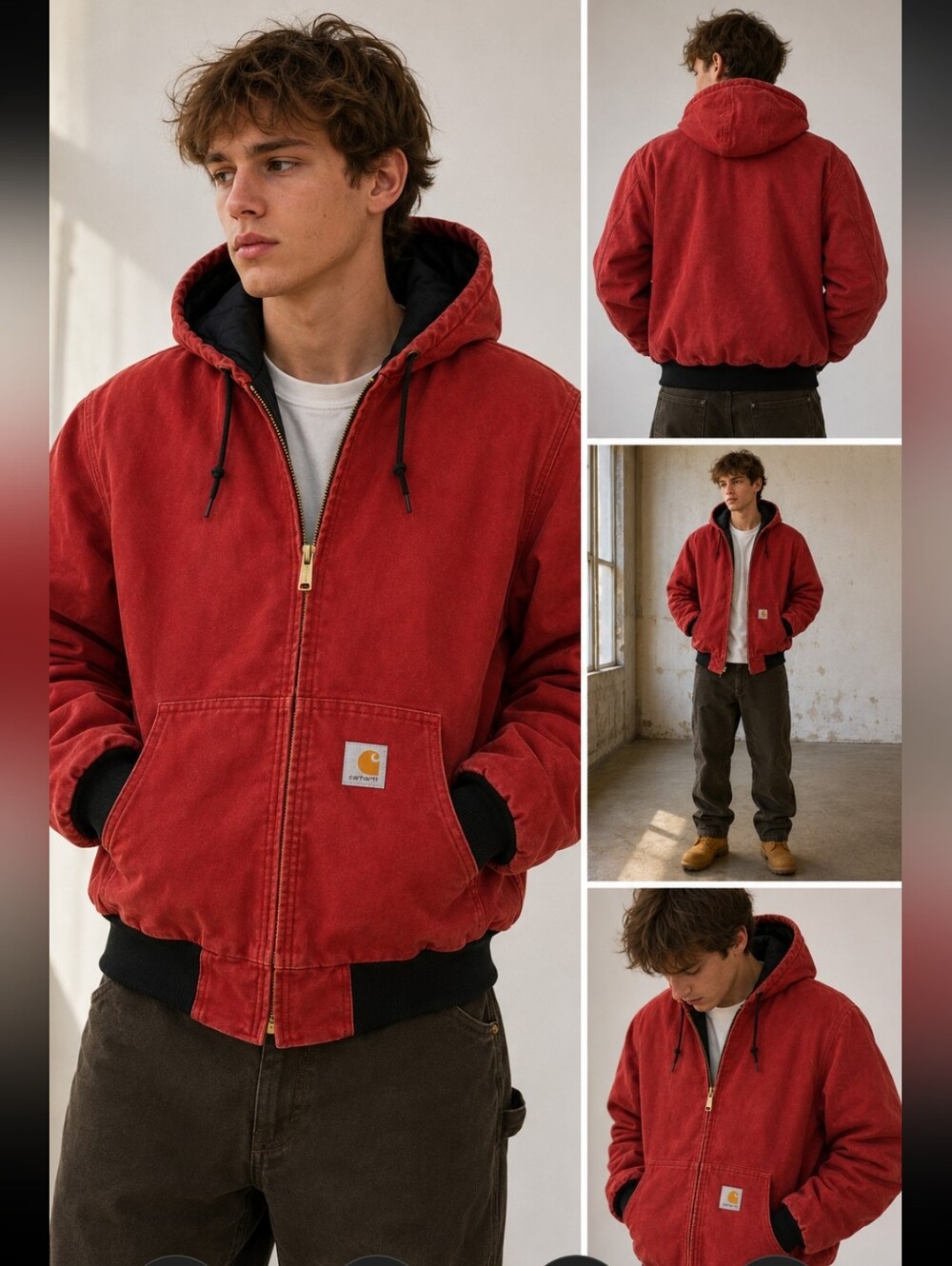 Carhartt J140 Active Jacket XL USA Red Sandstone Duck Quilted Lined Hood Vintage